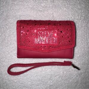 Steve Madden Bbrett Stone Pink Logo Trifold Wallet Wristlet Bling Hot Pink